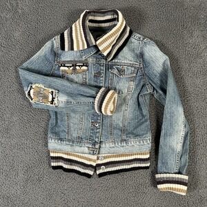 Vintage Miss Me Jacket Womens Small Blue Denim Knit Patches Made in Korea